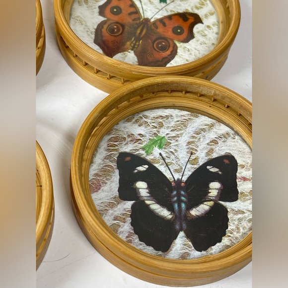 Vintage Bamboo/Rattan/Glass pressed flower & Butterfly tray/coaster set 7 pcs - Picture 5 of 16